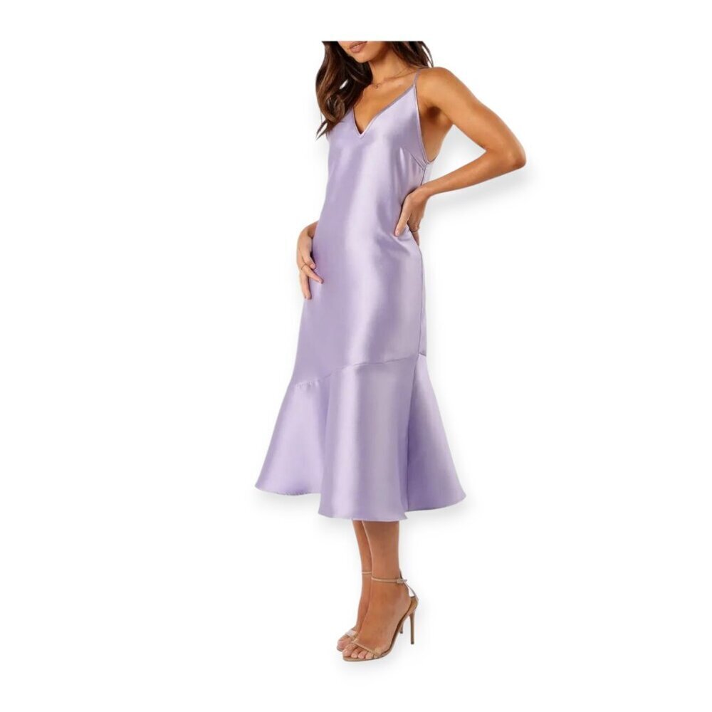 Petal & Pup Lavender Satin Midi Dress XL V-Neck Adjustable Straps Flared Hem